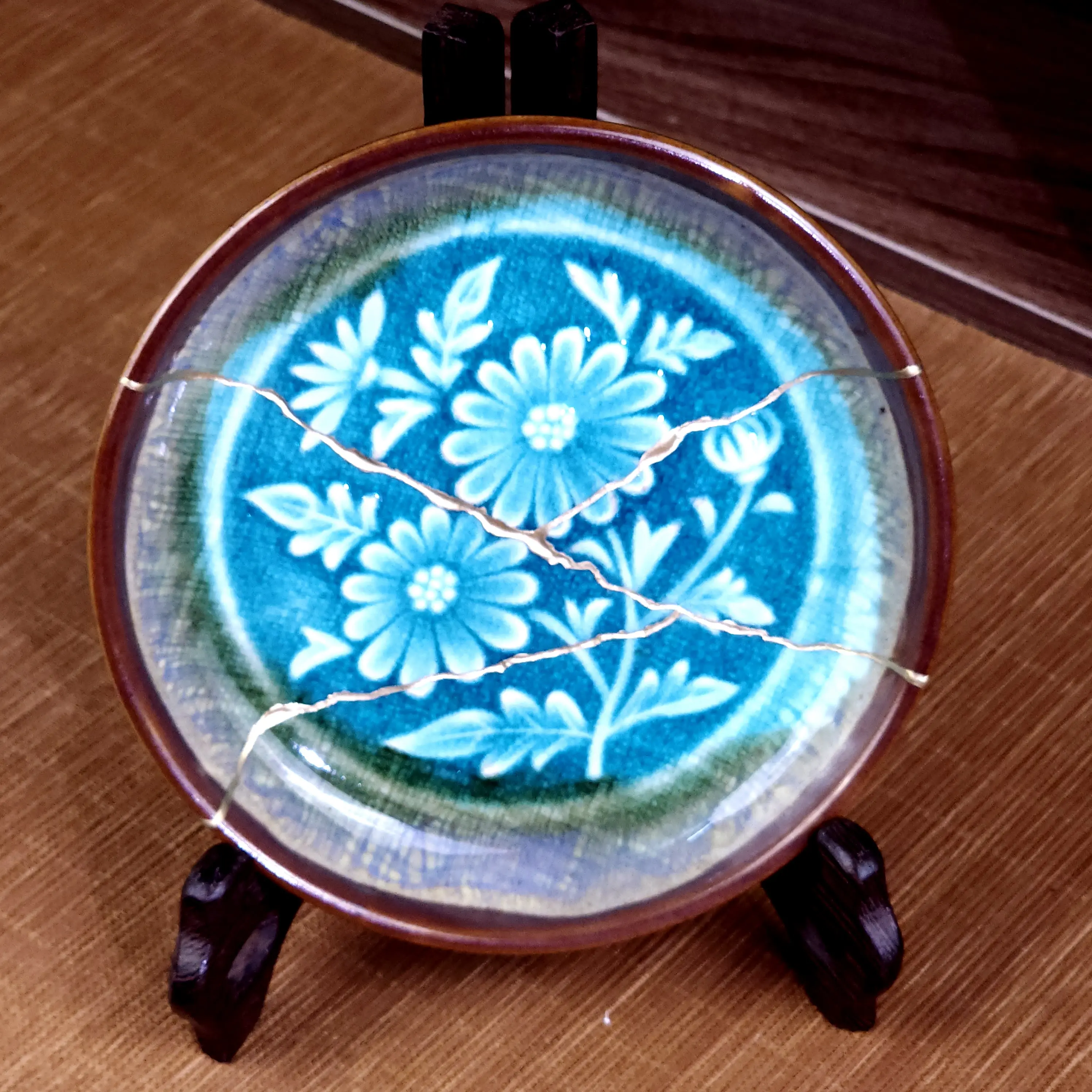 Turquoise Floral Kintsugi Plate (Stand Not Included) - Wabi-Sabi Ceramic Tray (5.5") ( Stand Not Included )