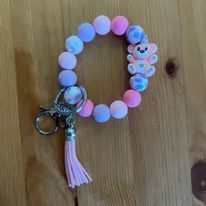 Silicone Beaded Bracelet Keychain with Tassel - Pink Beads, Bear Design, Keychain Accessory