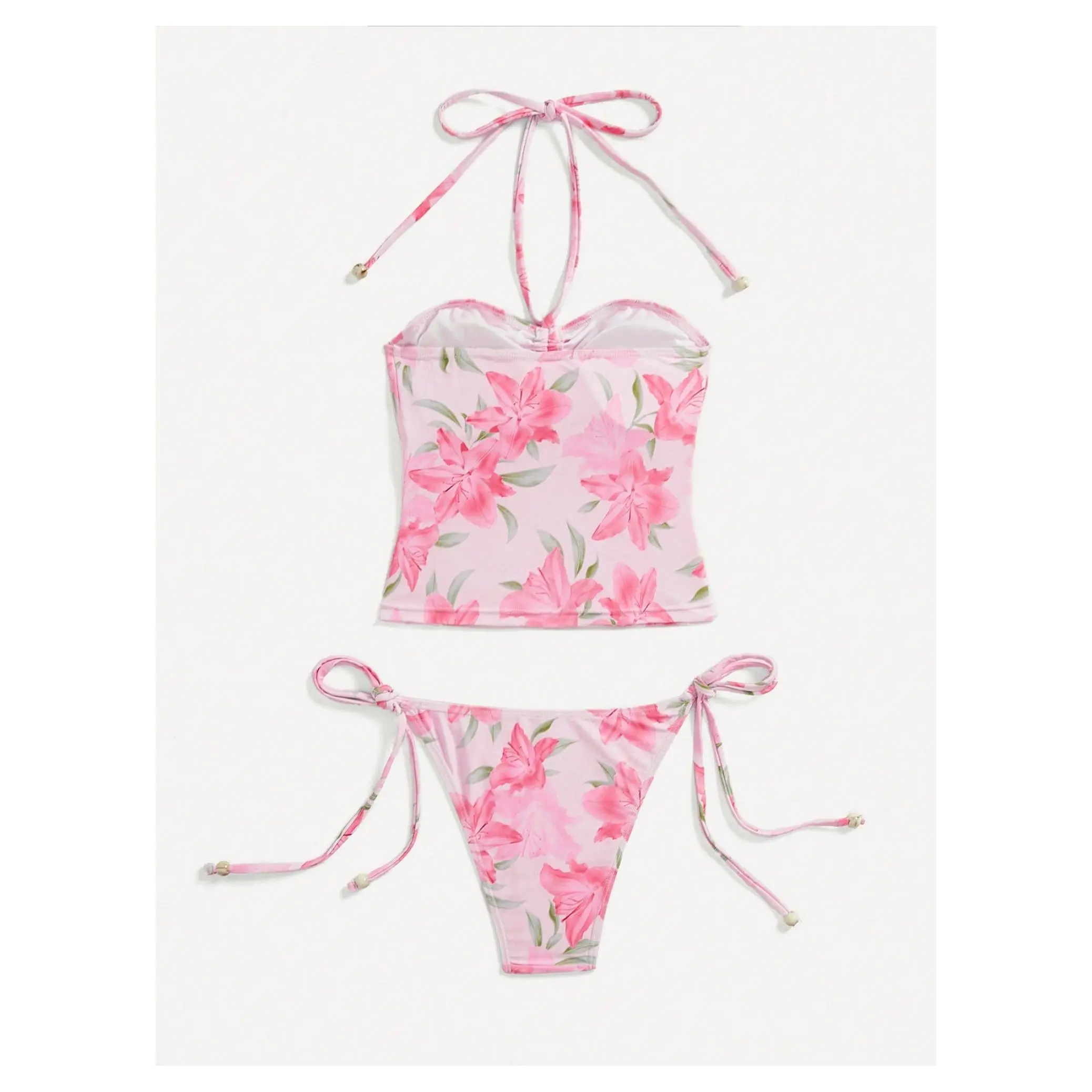 Women's Ruched Bandeau Tankini Top & Tie Side Thong Bikini Set - Swimsuit Two Piece Bathing Suit for Women - Flattering Summer Beach Wear