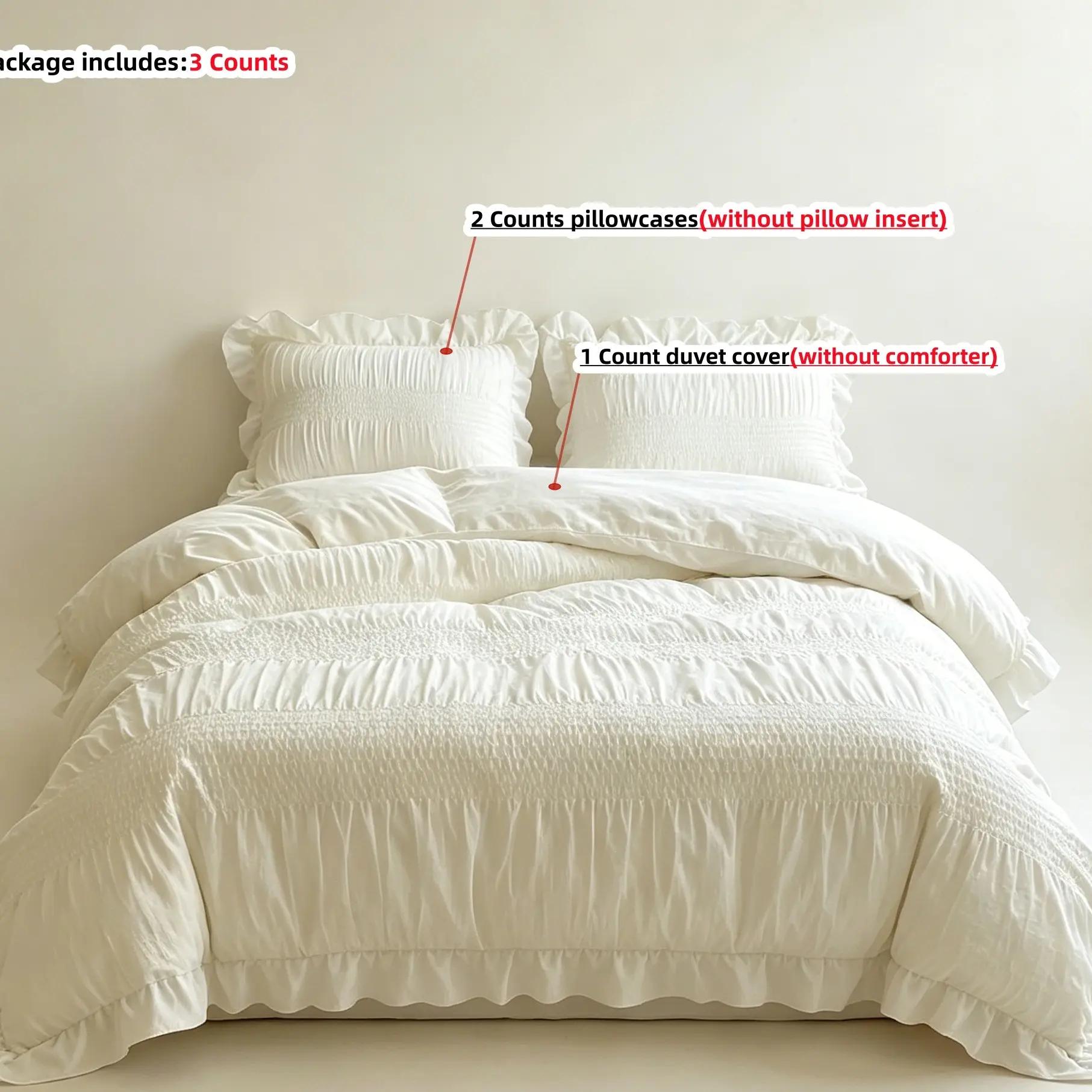 3-piece Korean-style white seersucker quilt cover set Duvet Cover Sets 1pc duvet cover + 2pc pillowcases（without comforter and pillow insert）, made of 100% polyester fabric, suitable for Single, Twin, Double, and Queen sizes bed, Polyester Bedding Set