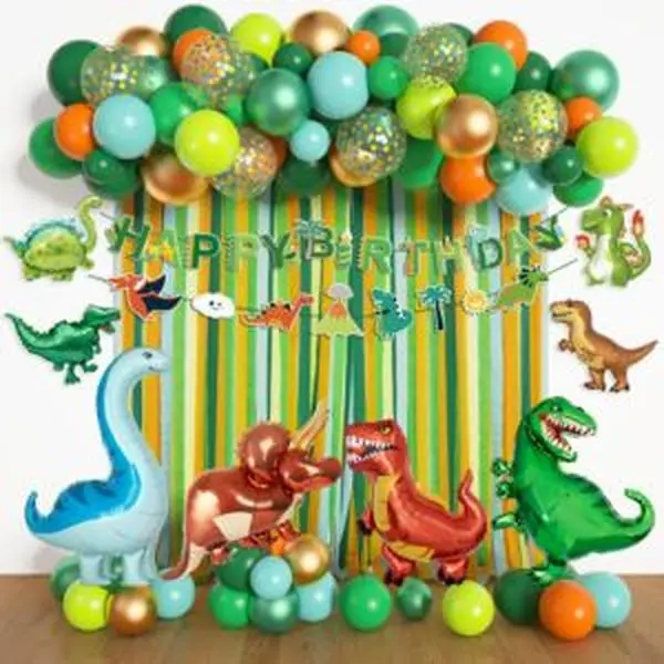 Dinosaur Themed 87-Piece Party Decorations Set - Home Supplies with Metallic Green-Orange-Blue-Gold Dino Foil Balloons, Happy Birthday Banner, Crepe Paper Garland Arch, Leaf & Fruit Accents for Boys' Jungle Safari Garden Gatherings, 87 Pieces, Latex/Foil