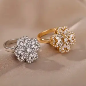 2 Pcs Spinning Four-Leaf Clover Ring Gold Plated with CZ Stones Adjustable Fidget-Friendly Design Trendy Jewelry for Stress Relief & Gifting