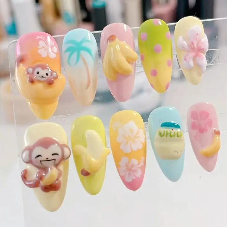 Handmade Banana Monkey Kawaii Press On Nails | 3D Monkey, Banana Milk & Tropical Palm Tree Decoden Pastel Fake Nails with FREE Adhesive Tabs FREE Nail File FREE Cuticle Stick