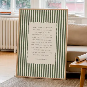 (No Frame) For I Know The Plans I Have For You | Jeremiah 29:11?13 | Trendy Art Print | Green Stripe Pattern | Gicl?e Art Poster