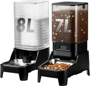 【Marchul】Automatic Pet Feeder & Water Dispenser Combo, 7L Timed Food Dispenser + 8L Gravity Waterer with Stainless Steel Bowls, Raised Anti-Strain Base, Up to 6 Programmable Meals, Battery & Plug-In Dual Power for Cats & Small Dogs