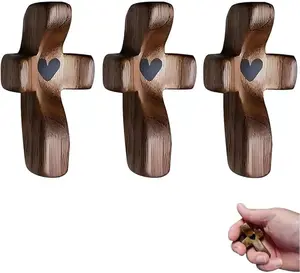 3Pcs Wooden Cross Encouragement Gift Wooden Pocket Cross Handheld Wood Small Cross Fingertip Stress Relief Religious Gifts for Children Adults Praying, Clutching, Clinging （Walnut）