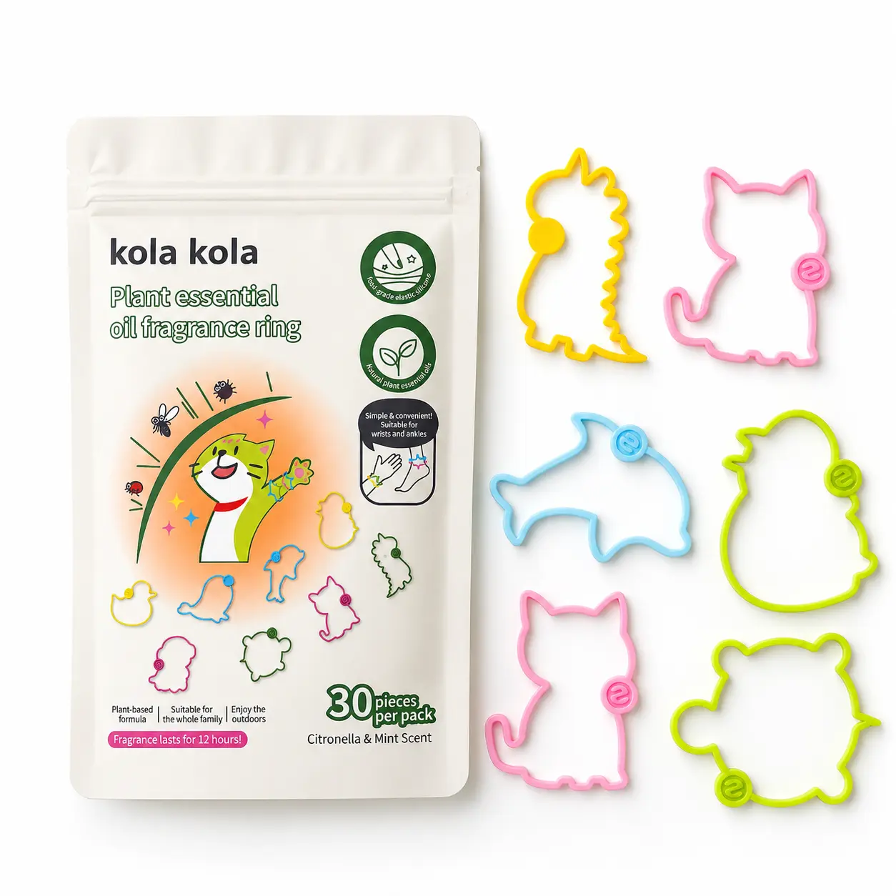 Kola Kola Cartoon Shaped Mosquito Repellent Bracelets, 30 pieces per pack, made with natural plant essential oils, suitable for adults and children, ideal for outdoor parties and travel protection, made of silicone.