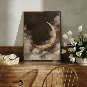 Crescent Moon Digital Art Print | Night Sky Printable Wall Art | Celestial Moon & Stars Poster | Dark Academia Print | Rustic Witchy Decor