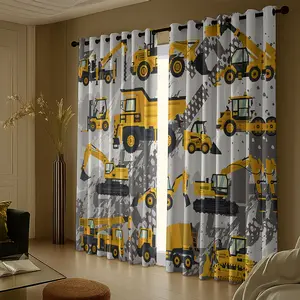 2 panels Construction Vehicle Print Blackout Curtains, Natural & Tractor-Themed Design, Thermal Insulated Privacy Shades for Bedroom/living Room