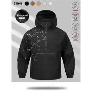 Men’s outdoor sporty hooded jacket with half-zip, loose fit, windproof waterproof woven fabric, large pockets—ideal for fall outfits and sports jackets.