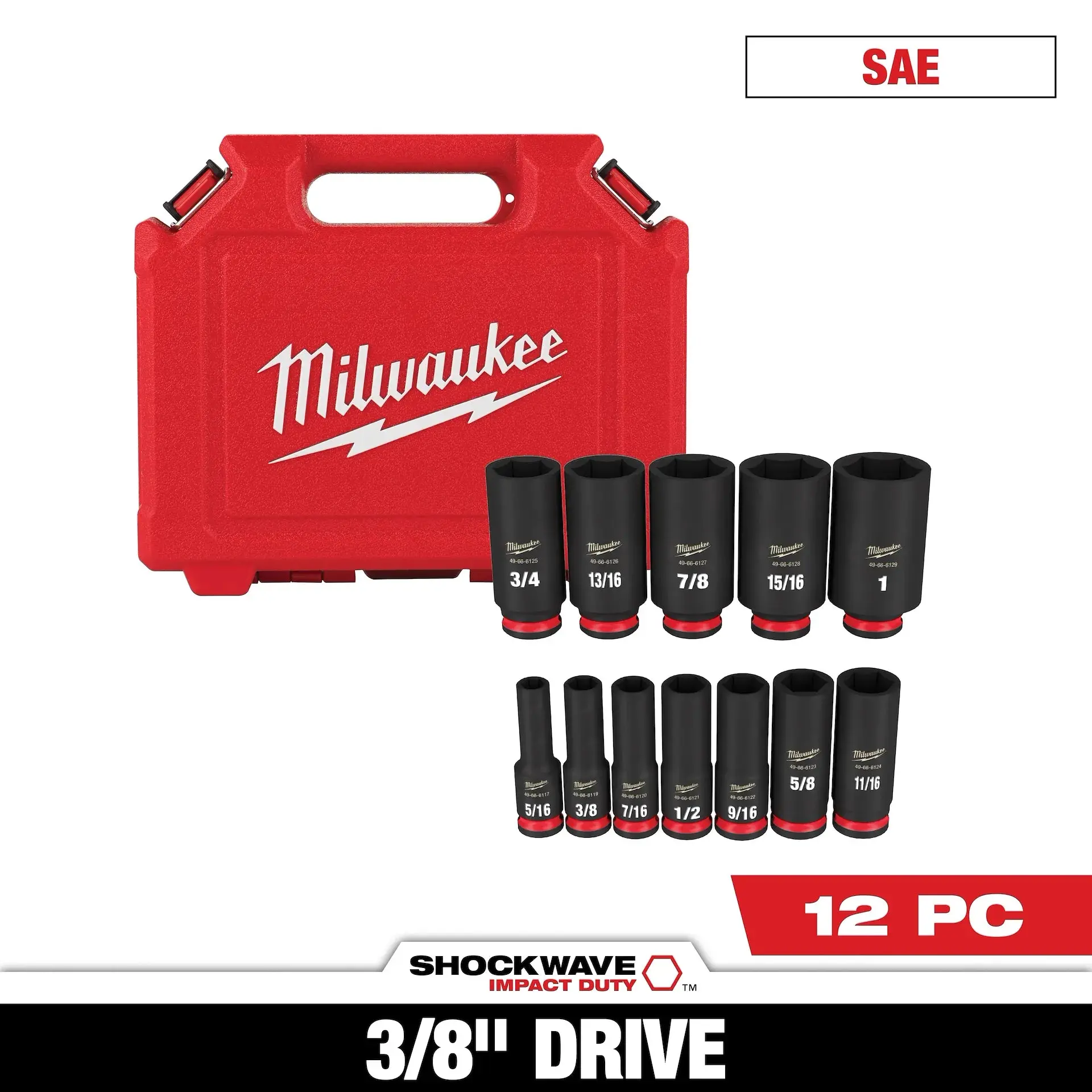 Milwaukee 49-66-7006 12PC Impact Duty 3/8" Drive SAE Deep 6 Point Socket Set Milwaukee 49-66-7006 12PC Impact Duty 3/8" Drive SAE Deep 6 Point Socket Set