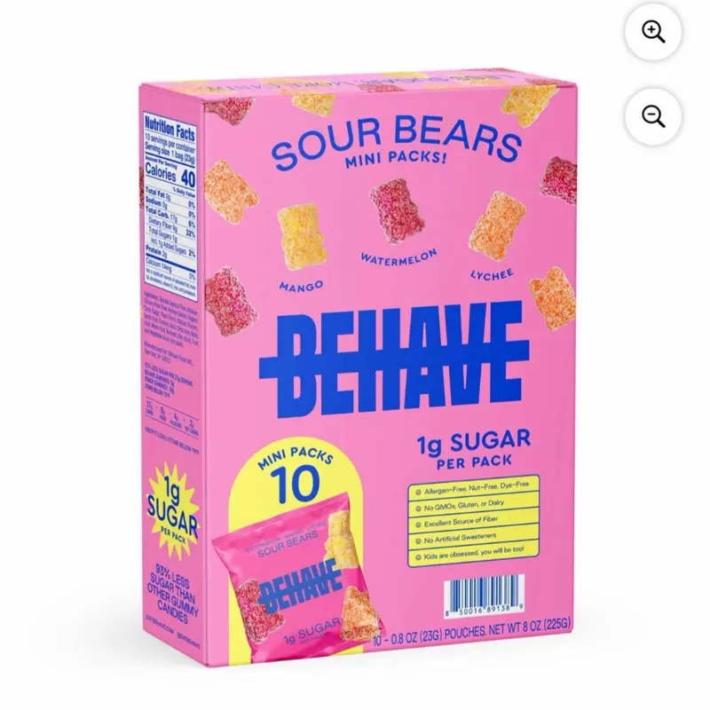 BEHAVE Sour Bears Mini Packs - 10 pk, Natural Sour Gummies, Chewy Candy Snack