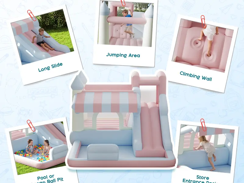 ALBOTT Castle Theme Multi-Play 420d+840d Fabric Soft Pastel Inflatable Water Slide Bounce House (7 Sizes) - Kids Sports Outdoor Jumper with Jumping Area, Climbing Wall, Splash Pool, Water Gun, Air Blower for Ages 3-12,[TikTokShopFallDealsForYou]