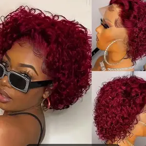 13x1 Pixie Cut Wig Human Hair 99j Lace Frontal Wigs Human Hair Short Bob Human Hair Wigs For Women Lace Front Human Hair Wig