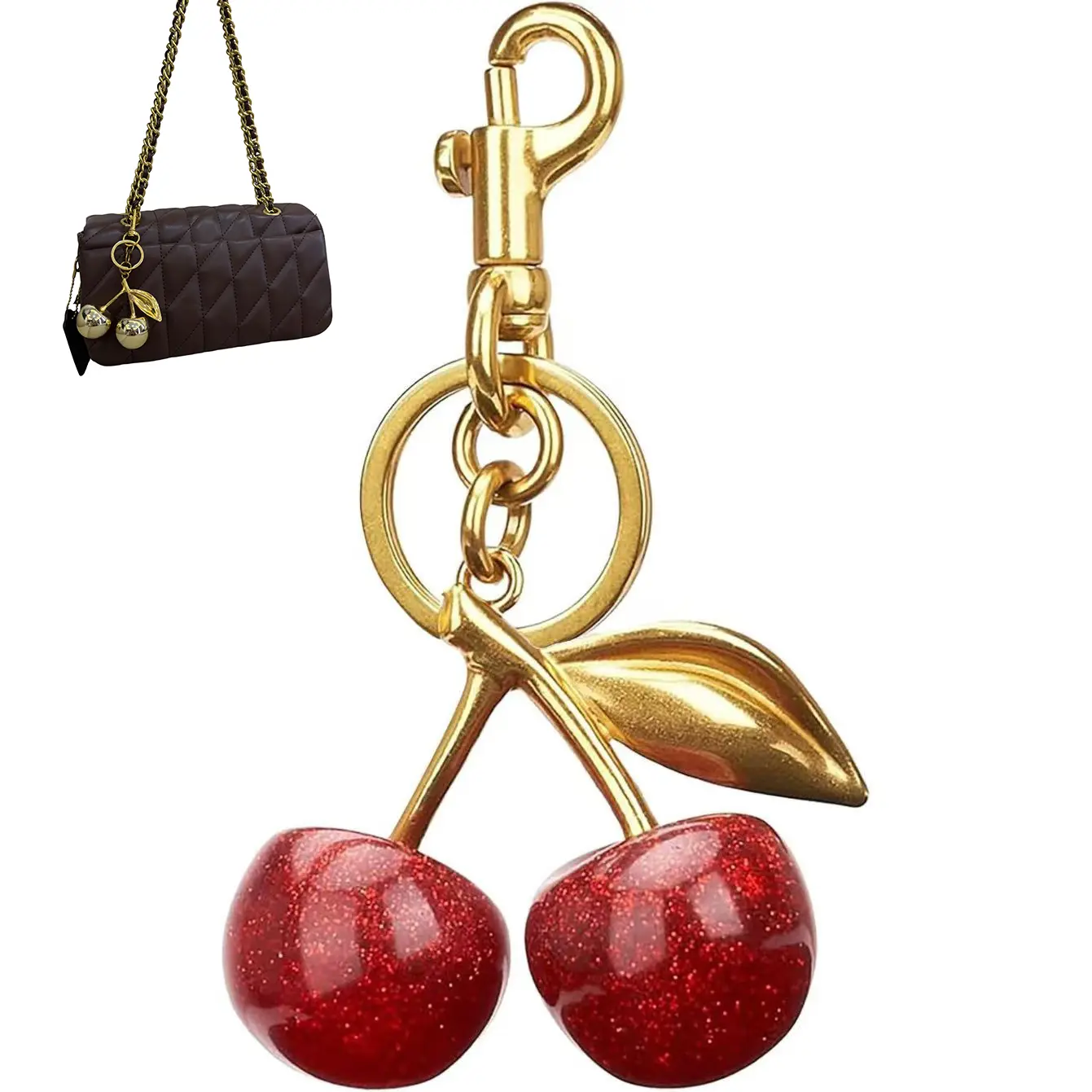 Gold-Toned Red Cherry-Shaped Keychain - Fashion Accessory Bag Charm with Included Wallet