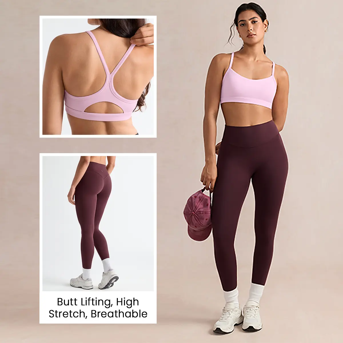 SOLBRACE Women's High Waist 25" No Front Seam Hidden Scrunch Butt Lifting Leggings & Scoop Neck Y-Back Sports Bra Set, High Stretch Breathable Lightweight Fabric, Yoga Gym Workout Activewear Set
