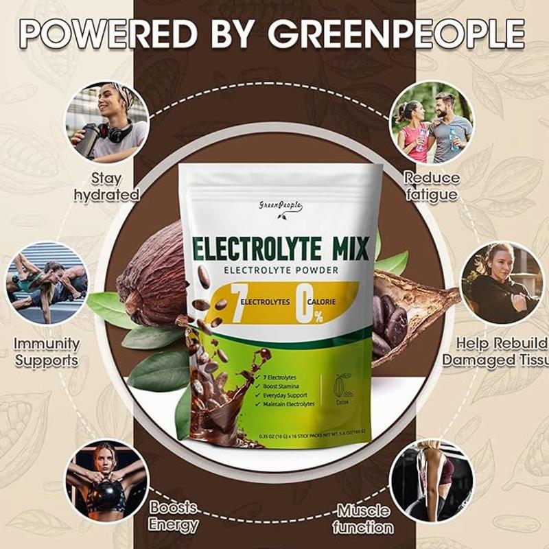 Electrolyte Powder Mix with 7 Electrolytes for Hydration & Stamina Support - Zero Calorie, Cocoa Flavor, 16 Stick Packs