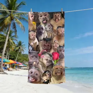 Funny Monkey Face Beach Towel, Flat Print, Lightweight Soft Quick-Dry, Sandproof Sun Protection, Summer Vacation Pool Camping Picnic