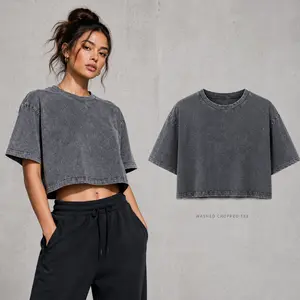 Cropped T Shirts for Women Short Sleeve Acid Wash Cotton Tops Vintage Oversized Casual Basic Tee Shirts Lightweight