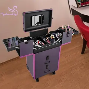 Bags&suitcases 3 Tiers Makeup Train Case Rolling Makeup Trolley Case Free Standing Nail Polish Organizer with 4 Wheels Support to 110.23 lbs