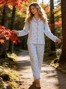 Women's Long Sleeve Pyjama Set, Blue Plaid Cherry Print, Soft Breathable Home Wear, Loungewear, Casual Loose Fit, All Seasons, Pajamas