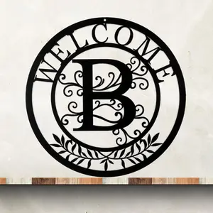 Initial Welcome Sign, 12 Inch Metal Monogrammed Sign Farmhouse Front Door Porch Sign Wall Art Decor, Monogram  Rustic Welcome Wreath Hanging Ornament for Indoor Outdoor, B