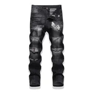Black gray elastic slim fit small straight leg jeans with personalized distressed embroidery patch connection, versatile and fashionable casual men's pants