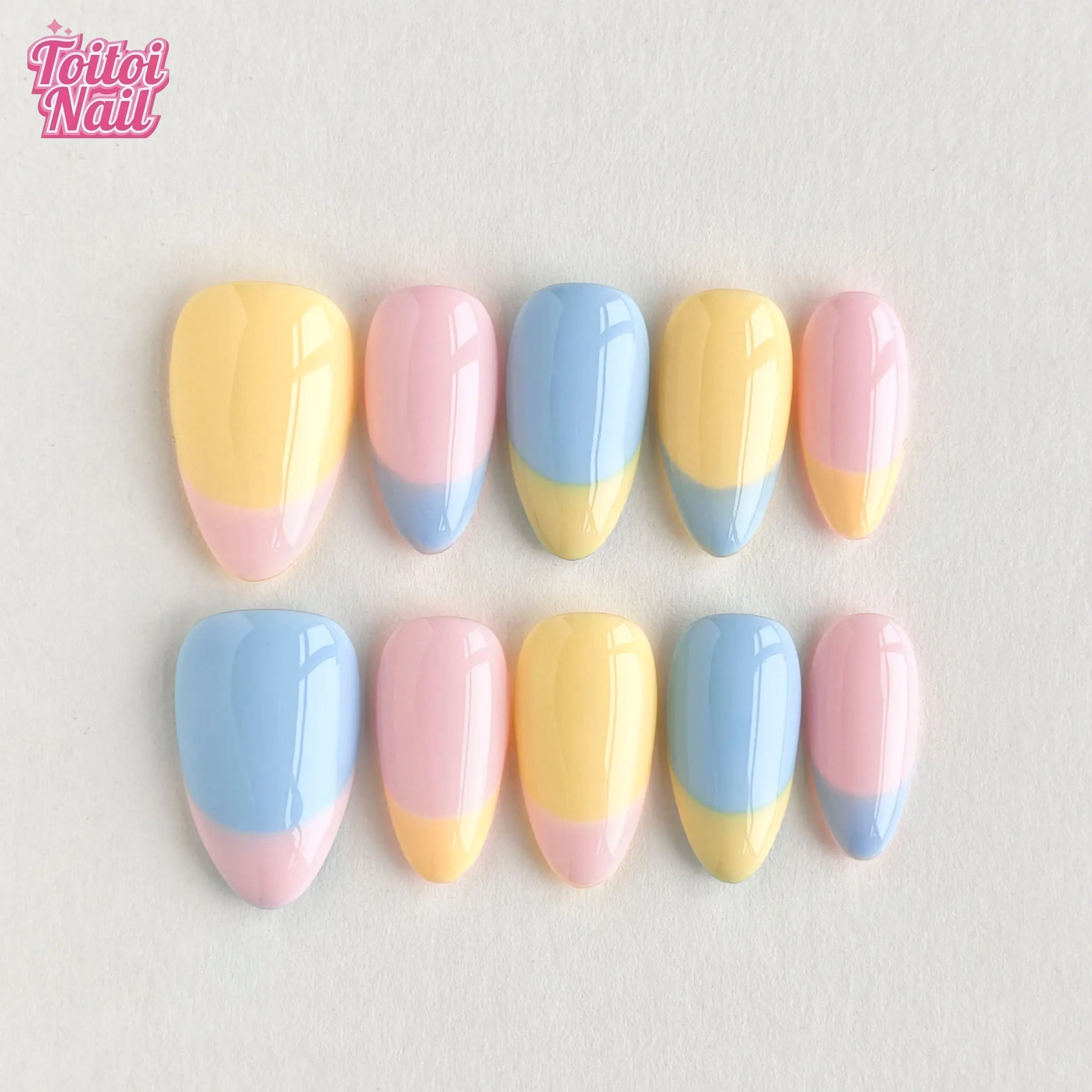 Pastel Pop Color Block Handmade Press-On Nails | Short Almond Shape, 10pcs | Fresh Pink Yellow Blue Gradient Design | Glossy Finish | Reusable DIY Nail Kit for Women | Trendy Nails for Spring, Summer & Outings | Cute Girly Statement Look | Nail Art