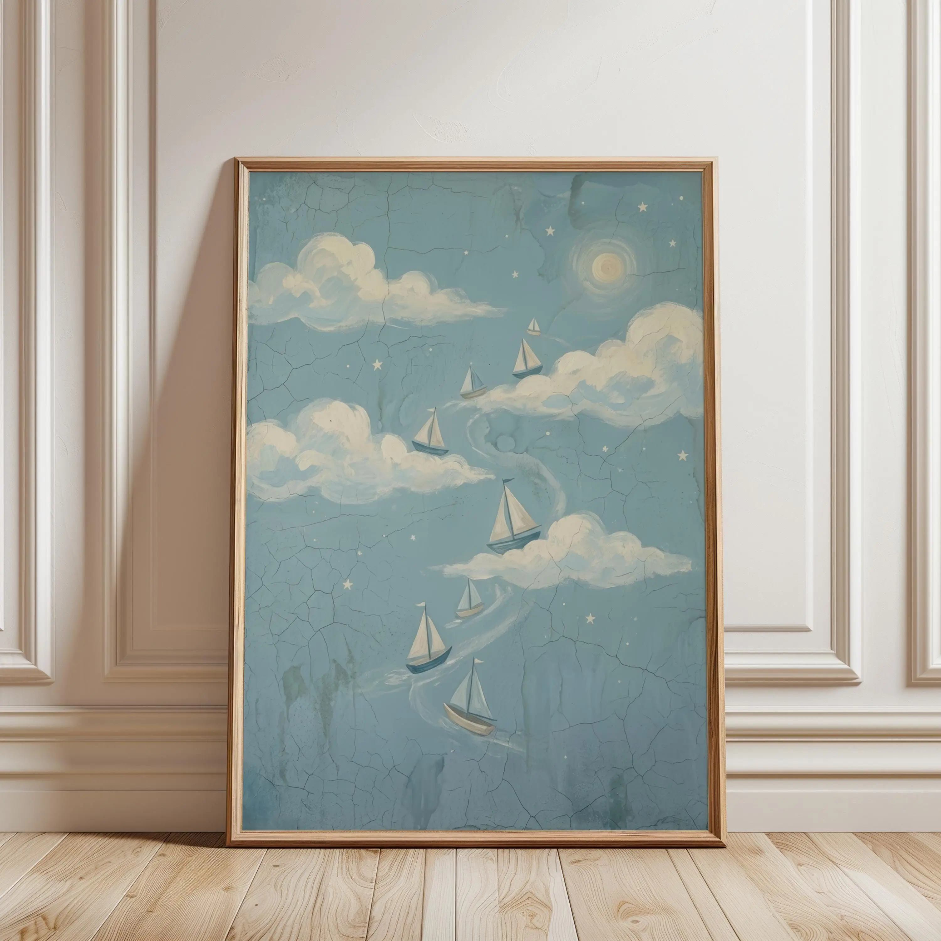 [SALE UP TO 40%] [Unframed] Vintage Sailboat Nursery Print, Whimsical Dreamy Sky Sailing Artwork Distressed Folk Art Mural Storybook Nautical Pastel Cloud Baby Decor