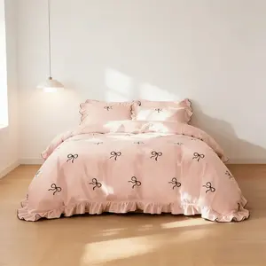 Three-Piece Bowknot Bedding Set, Includes 1 Ruffle Duvet Cover Without Quilt and 2 Pillowcases Without Pillow Insert, Elegant Home Decor Essentials, No Padding
