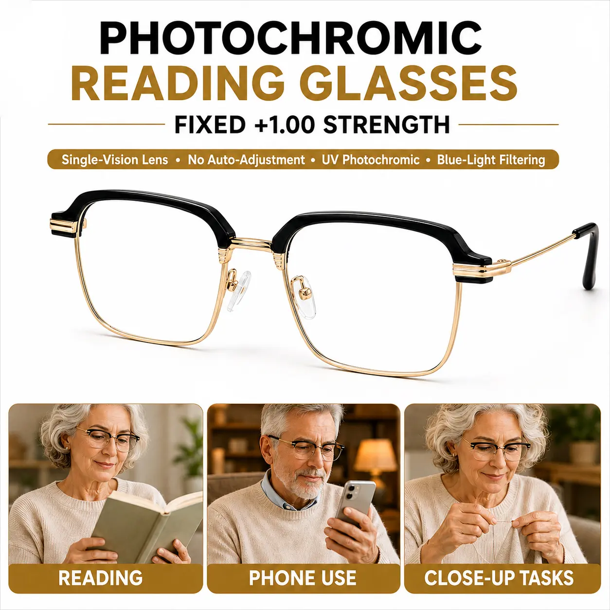 Unisex UV-Activated Photochromic Full Frame Reading Glasses - Anti-Blue Light, Fixed +1.00 Strength Lenses, Lightweight Black Gold Frame, Glasses for Women, Headache Relief for Working Use, Everyday