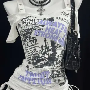 Abby vintage suspender short-sleeved T-shirt summer Spice Girl niche print short waist and thin strap top