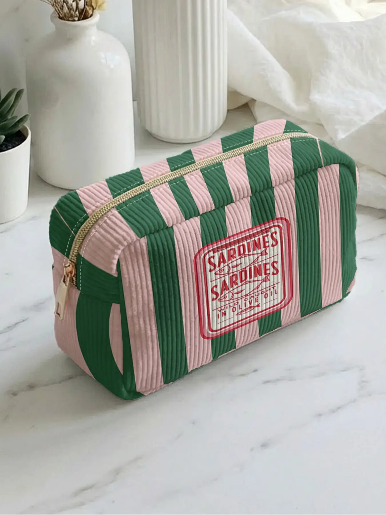 1 piece of sardine can pattern + striped background 2D printed makeup bag, Cosmetic Bags, Makeup Pouch, large capacity design|suitable for all seasons/general use|can hold daily skincare and various cosmetics|lifestyle travel all-rounder