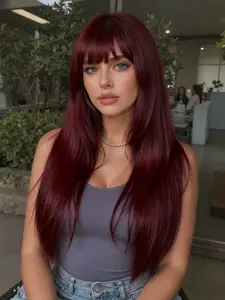 Fashionable New 28 Inch Long Straight Burgundy Layered Wigs with Bangs, Synthetic Women's Wigs Suitable for Ordinary Work, Life, Dance Parties and All Occasions, Synthetic Material Wigs