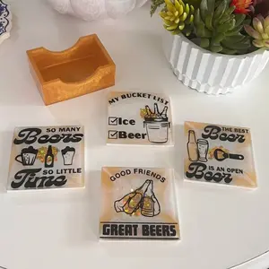 Resin Coasters, Beer Coasters, Vinyl design, Custom Coasters, Home Decor,Table Decor,Handmade, Kitchen decor, Set of 4 with holder,Sticker