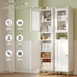 [Spring Cleaning]RaybeeFurniture 69" Tall Bathroom Storage Cabinet with 2 Doors, 6 Tier Freestanding Linen Cabinet, Modern Toilet Rack, Adjustable Shelves & Metal Base, Anti-Tip Narrow Storage Tower for Bathroom, Living Room, Entryway, Laundry Organizer