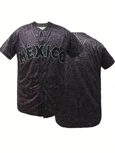 Mexico Men's Letter & Figure Patched Button Short Sleeve Sports Special Edition Jersey, Loose Breathable Soft Comfort V Neck Top for Baseball, Outdoor Clothing for Soccer Team Birthday Gifts party shirt