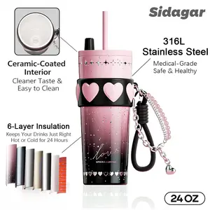 [Sidagar] Ceramic-Coated Interior Tumbler Water Bottle, 316L Stainless Steel Drinkware Cup, Coffee Cups With Cleaner Taste, Leak-Proof Straw Lid, Wide Mouth Easy Clean, Portable Flask, Slim Base Fits Car Cup Holder, 24oz