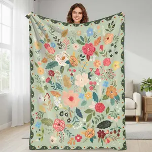 Vintage Floral Flannel Blanket with Colorful Garden Bloom Print Soft Cozy Warm Lightweight Perfect for Sofa Decor Bedroom Accent Outdoor Picnic Housewarming Gift