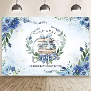 Blue Floral Wedding Backdrop Elegant Love Story Style Polyester Fabric Photography Background Wrinkle Resistant HD Print Bridal Shower Decor Photo Booth