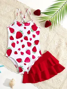 Girl's Strawberry Print One-piece Swimsuit & Ruffle Trim Cover Up Skirt Set, Cute Casual Swimwear Set for Beach Holiday Vacation, Kids Swimsuit for All Seasons, Summer Swimwear Swimsuit Sets