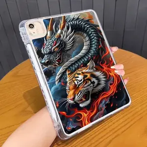 Dragon vs Tiger Fighting Pattern Clear Tablet Case with Built-in Pencil Holder. Made of soft TPU material, compatible with 11" iPad 2025, iPad Air 4/5/6, iPad Pro 11" 2024, iPad Mini 4/5/6/7, iPad 10th Gen, iPad 9/8/7. Shockproof and portable,