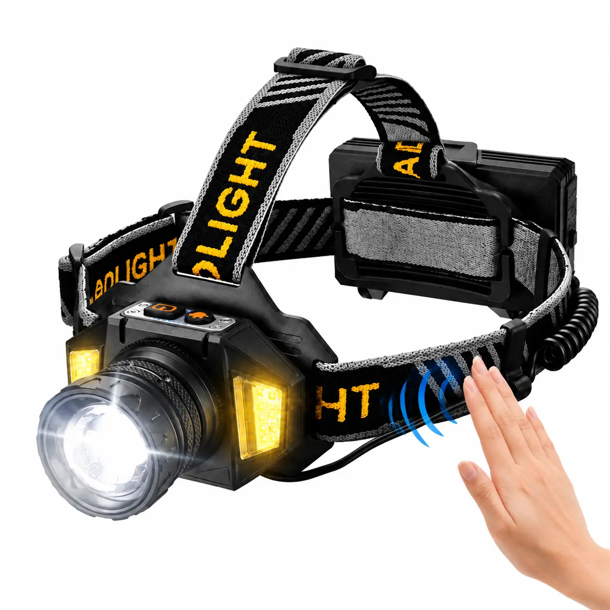 Rechargeable LED Headlamp - High Lumen Flashlight, 150000 Lumen 50W High-Intensity Bulb, 60H Battery Life, 9 Modes, Wave Sensor, IP68 Waterproof Detachable Tactical Light for Camping, Fishing