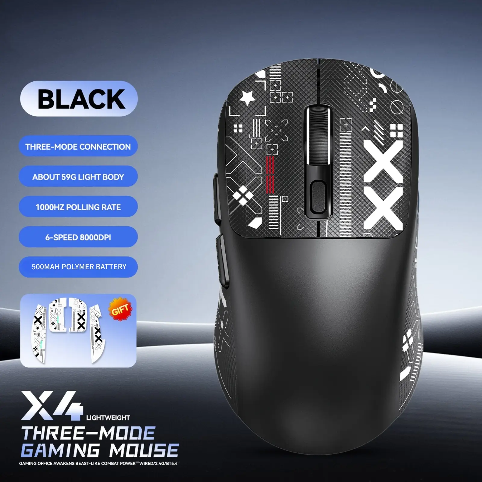 Wireless Gaming Mouse, 8000 DPI, 1000Hz Polling rate, Remapping Keys, 500mAh Battery, Include Sticker, Wired/BT/2.4GHz for PC Windows, Laptop, Steam,Ergonomic Grip Body Comfort