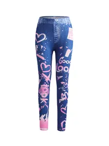 Girls' Graffiti Heart Letter Print Skinny Leggings, Hearts & Letters, Trendy Aesthetic Style, Comfortable Elastic Fabric, All Seasons Wear