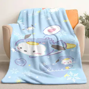 Sanrio Pachimari Dog Winter Blanket, Light Blue Snowflake Heart Flannel Throw, Perfect for Bedroom Living Room Pet Lovers' Space