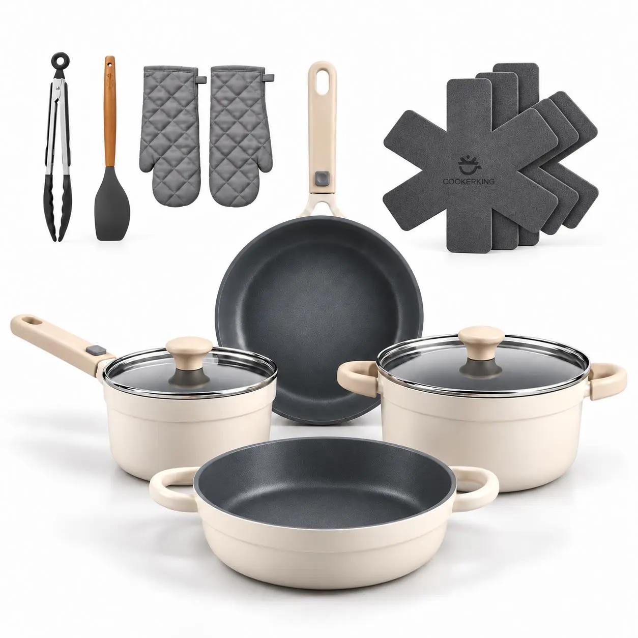 COOKER KING 17pcs Compact Nonstick Anti-Adhesive Heatproof Bundle Cookware Set - Frying Pan Included, Stackable, Removable Silicone Handle, Space-Saving, Compatible with Induction, Gas, Electric Stovetops & Oven Safe