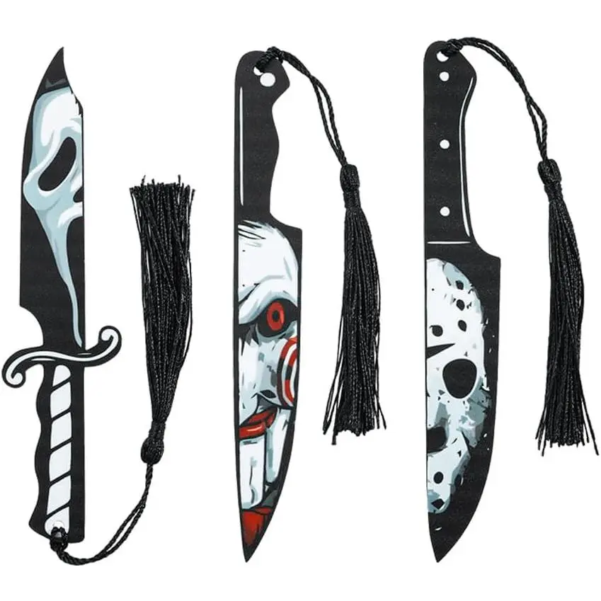 3-Piece Glossy Horror Movie Series Acrylic Bookmarks with Tassels - Halloween Themed Dagger & Featured Characters Design, Protective Book Accessories for Book Fans, Back to School/Thank You Party Bag Gifts