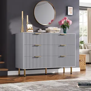 Modern 6-Drawer Dresser, 47.2" Wide Fluted Chest with Deep Drawers, Stylish Organizer for Bedroom, Living Room, Hallway, Kids Room - Gray
