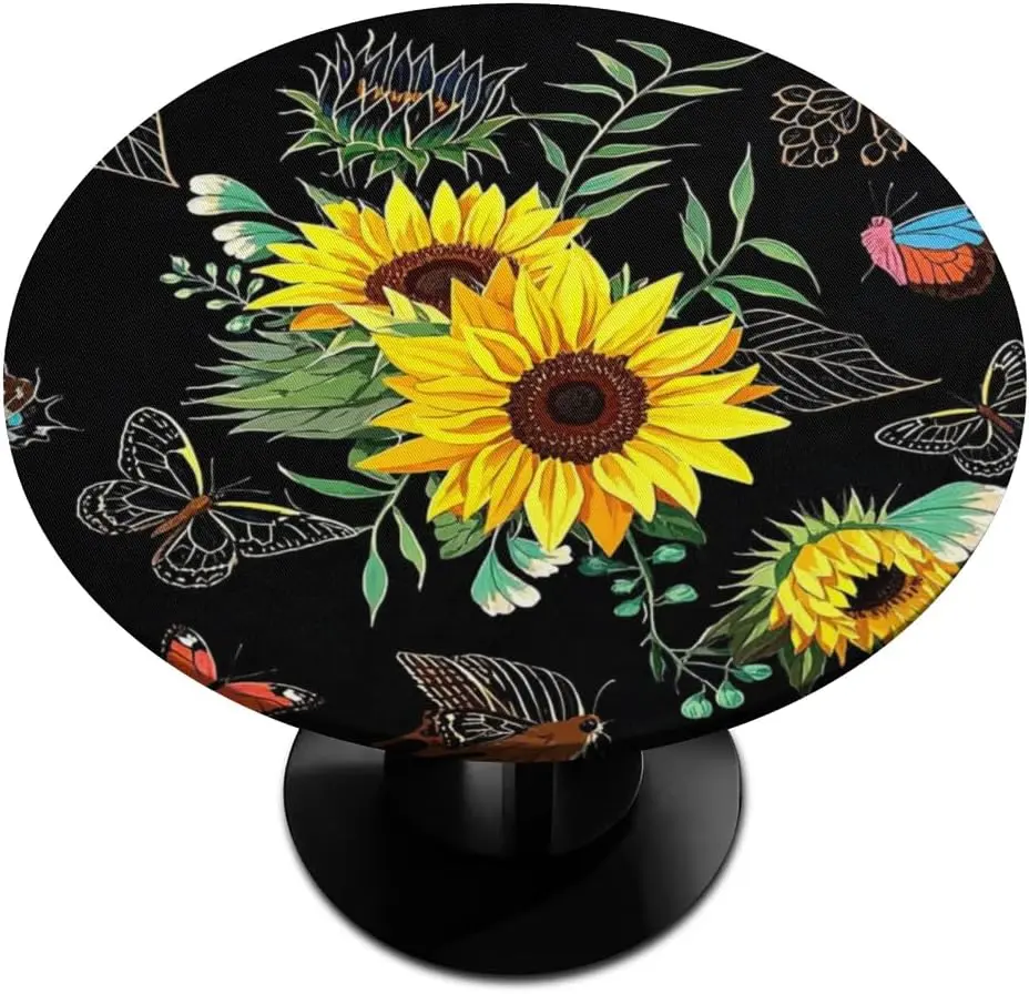 Black Background Flower Motif Elastic Fitted Round Tablecloth - Waterproof, Stain Resistant Polyester Stretch Cover with Elastic Edge, Non-Slip Protector for 36-42" Round Tables, Indoor Dining Farmhouse Look Decor, Fits 36-42"
